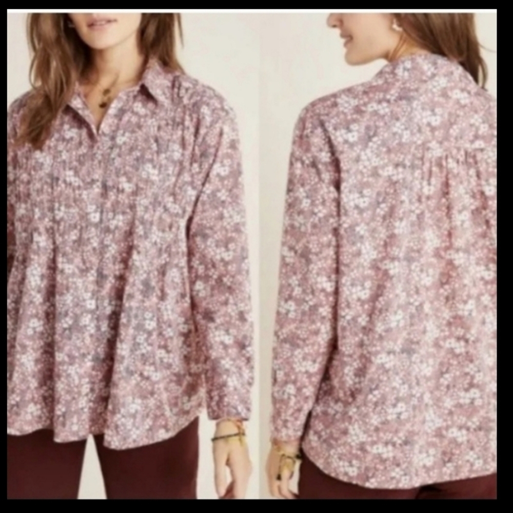 Pilcro ANTHROPOLOGIE - Terracotta Sasha Smocked Boyfriend Blouse Top Size XSMALL